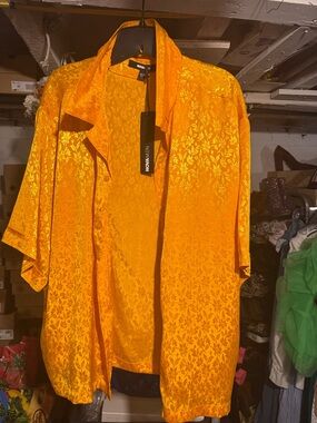 Fashion Nova Orange Floral Satin Dress Shirt